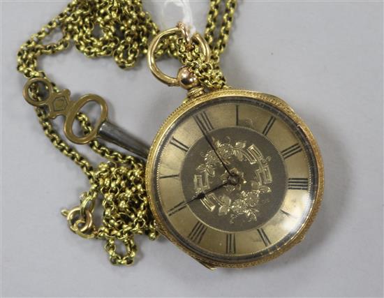 An 18ct gold fob watch, on a rolled gold chain.